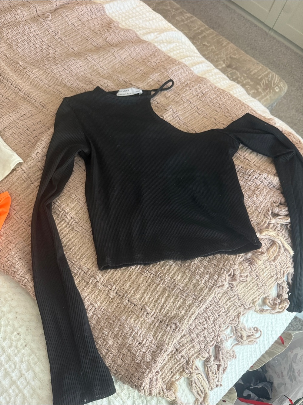 Bershka Black Ribbed One-Shoulder Long Sleeve Top